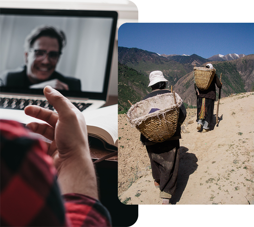 People having an online meeting. Another group of people hiking.